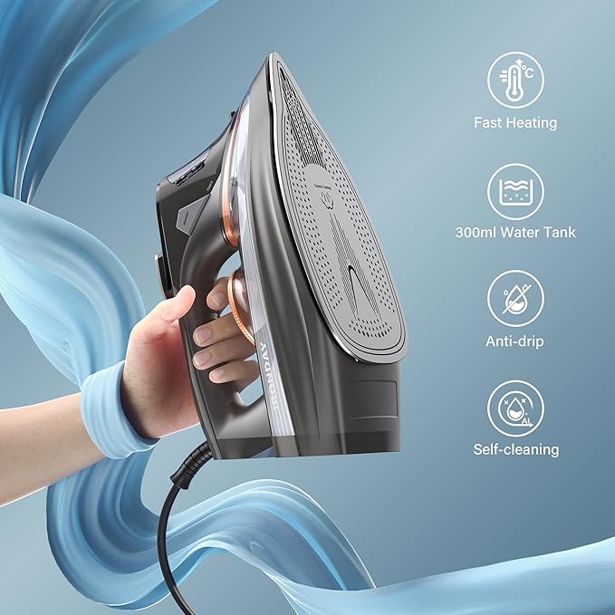 IRONDAY Steam Iron for Clothes with LCD Screen, 1700W Iron Non-Stick Ceramic Soleplate, Auto Shutoff, Self-Cleaning, Anti-Drip, Steam Burst, Spray Mist 10.14oz Water Tank Ironing Clothes for Home,Grey