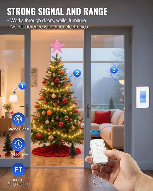 Remote Control Outlet, WILAWELS Wireless Light Switch with Removable Base, On Off Remote Outlet Switch for Light, Lamp, Appliance, 100ft RF Range, 10A/1250W, Expandable, 1 Remote for 3 Plugs W14RC1306