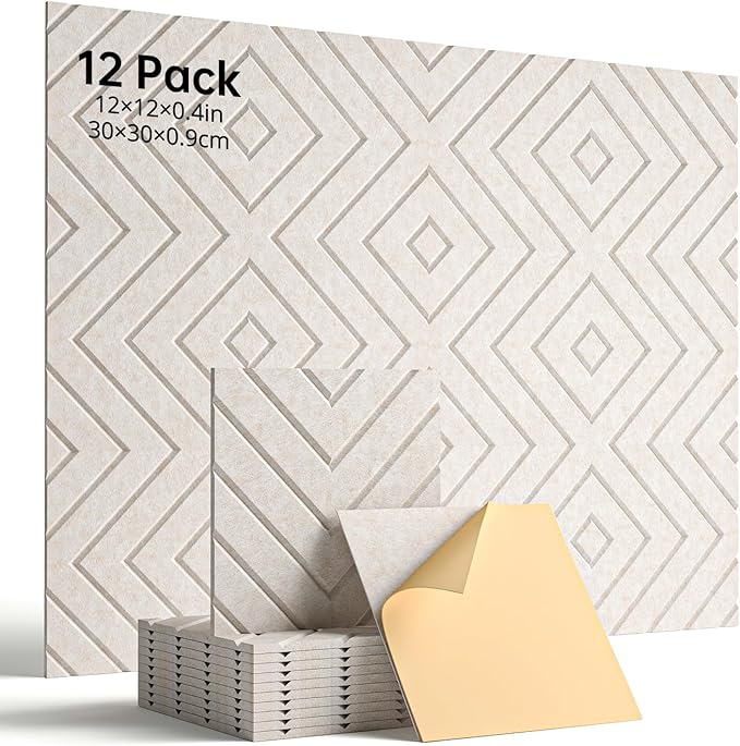Woovio Sound Proof Foam Panels for Walls, 12 Pack Self-Adhesive Acoustic Panels, 12" X 12" X 0.4" Soundproof Wall Panels for Door, Ceiling, Home Office Beige