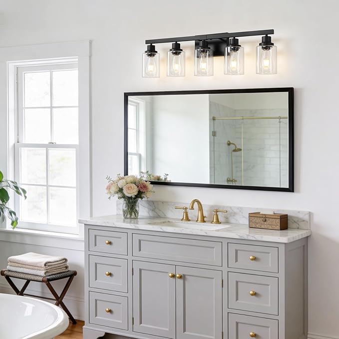 DIKAIDA 5-Light Black Bathroom Vanity Light, Modern Vanity Lighting Fixture for Bathroom, 31" Matte Light Fixture, Wall Sconces with Clear Glass Shade, Black Bathroom Wall Light Over Mirror
