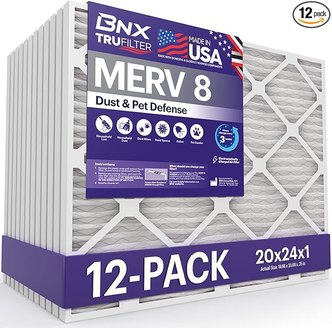 BNX TruFilter 20x24x1 Air Filter MERV 8 (12-Pack) - MADE IN USA – Dust & Pet Defense Electrostatic Pleated Air Conditioner HVAC AC Furnace Filters for Dust, Pet, Mold, Pollen MPR 600 – 700 & FPR 5