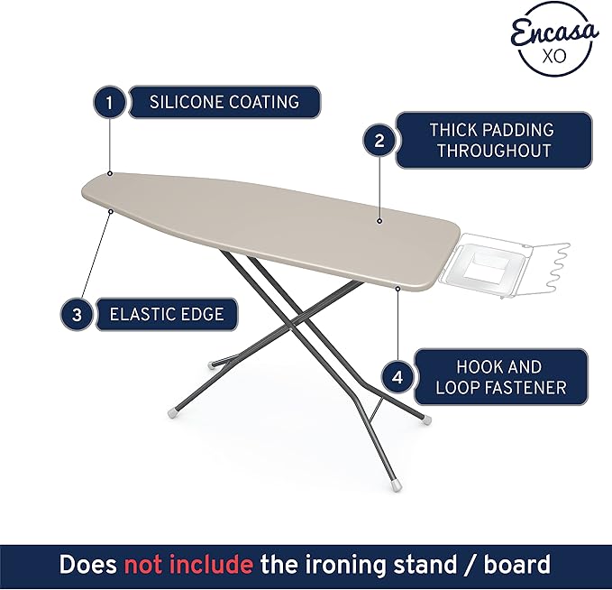 Encasa XO Ironing Board Cover and Pad 49"x18" - 4mm Felt Wide Iron Board Cover with Padding - Heat Resistant, Stain-Safe Dye, Non Slip Elastic Bungee Cord Tightening Iron Table Cover White