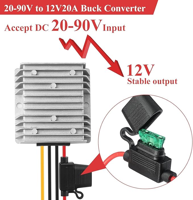 BEYIMEI 20A 240W DC Step Down Converter 20-90V to 12V, 24V 36V 48V 60V 72V 84V to 12V Buck Converter,DC Voltage Converter Power Conversion for Golf Cart, Forklifts Car, Solar Panel