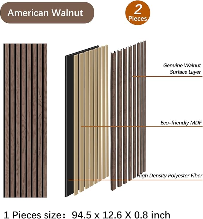 ARMURO Wood Panels for Wall - 2 PCS Wood Slat Wall Panel, Natural Walnut Veneer Acoustic Wall Panels - 12.6" W x 94.5" L