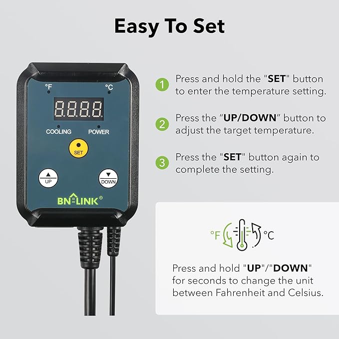 BN-LINK Digital Cooling Thermostat Controller, Temperature Controlled Outlet for Attic Fan, Exhaust Fan, Cooling Devices 40-108°F, 8.3A 1000W