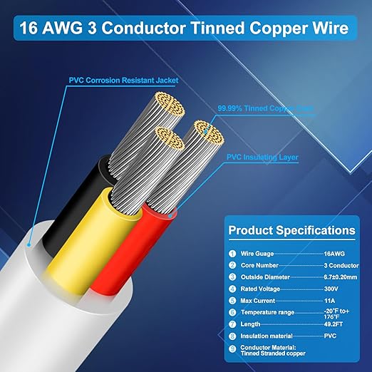 16 Gauge 3 Conductor Electrical Wire, 49.2FT Low Voltage 16/3 Tinned Copper Stranded 3 Wire Cable, 16 AWG White Flexible Extension Power Cord for Automotive, LED Lamp, Outdoor Landscape Lighting Etc