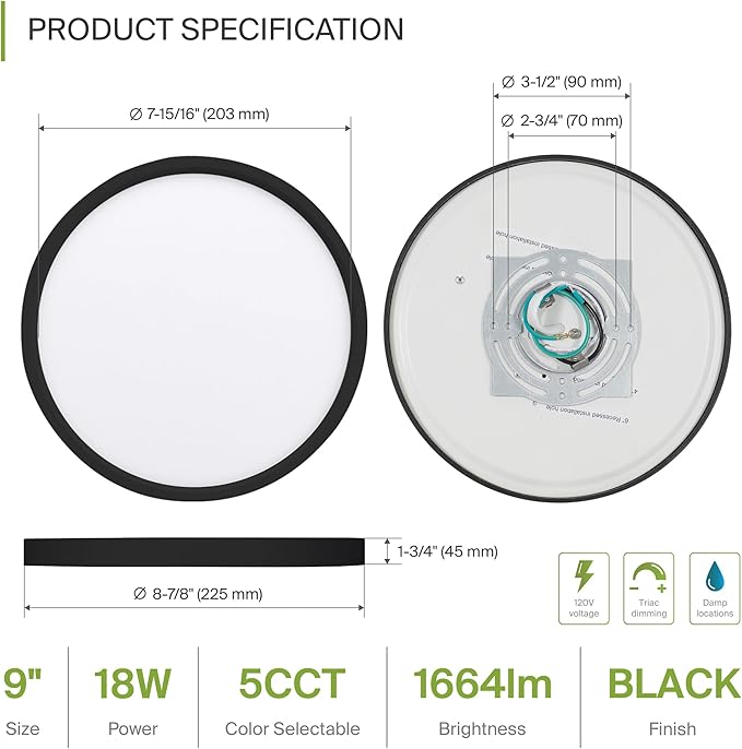 ASD LED 9" Round Flush Mount Ceiling Light Fixture, Low Profile Surface Lighting | 5CCT, Dimmable, Ultra-Thin, ETL Listed | 18W 1660LM 2700-6000K 120V | Kitchen, Bedroom, Hallway Lamp | Black, 6 Pack
