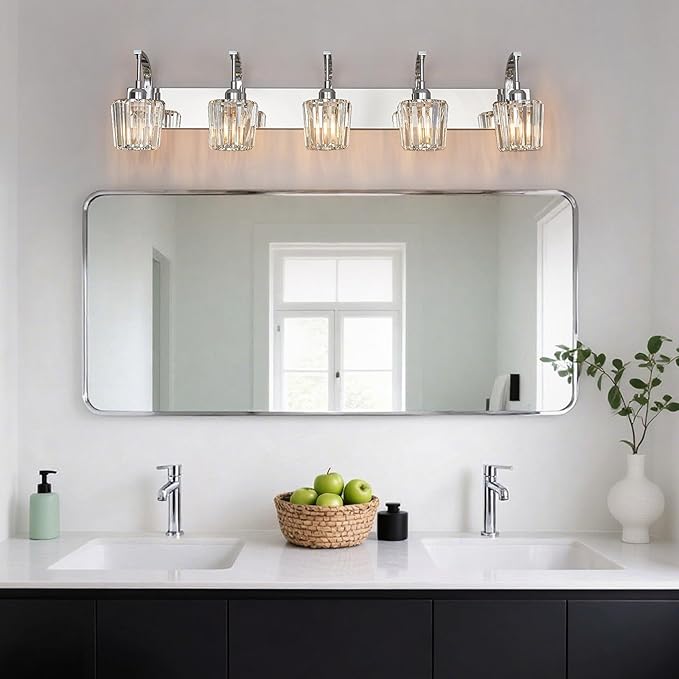 FDPBY Modern Bathroom Vanity Light, 5-Light Chrome Wall Sconce with Crystal Accents, Over Mirror Bathroom Lighting Fixture, 42.52" Long Dimmable Vanity Lamp for Makeup, Easy Installation