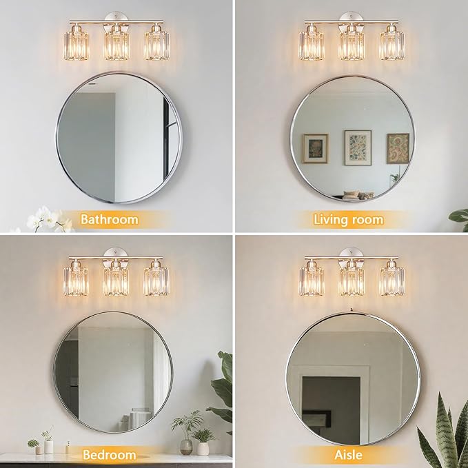FDPBY Modern 3 Light Crystal Vanity Light, Brushed Nickel Vertical Bathroom Light Fixture Over Mirror for Dressing Table Sink, Compatible with Dimmable Bulbs (Bulbs Not Included)