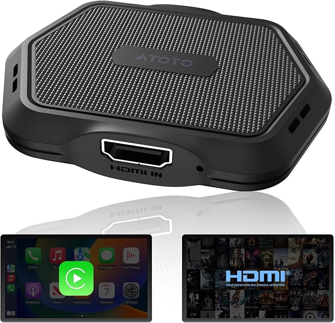 ATOTOMOVE Wireless Carplay Box Adapter with HDMI Input, 2 in 1 Dongle for Wired CarPlay Cars, Plug & Play Multimedia Hub for TV Box/Game Console/DVD/Blu-ray, Bluetooth 5.2, AD1 OTA Updates, Black