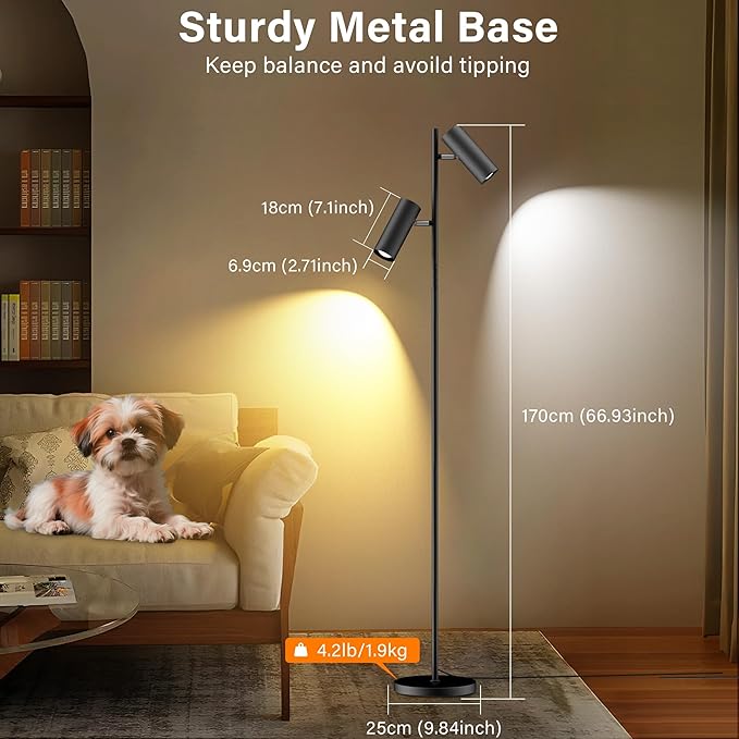 SIBRILLE Spotlight Floor Lamp, Tall LED Standing Lamp with Remote/Touch Control, 2700K-6500K, 350°Rotating Head Standing Lamp, Reading Floor Lamp for Living Room, Bedroom, Office & Wall Art, Dual Head