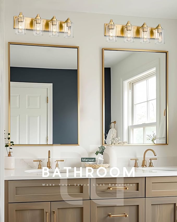 METWET 4-Light Bathroom Light Fixtures, Brushed Gold Vanity Light with Cylinder Clear Glass Shade, Modern Vanity Lighting Fixtures Over Mirror, VL143-BG-4