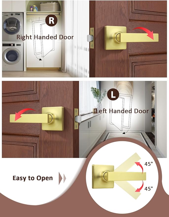 Mengico 1 Pack Passage Door Levers Gold Finish, No-Locking Keyless Square Door Knob, Interior Door Handles for Closet and Hallway, Reversible for Left & Right Handed