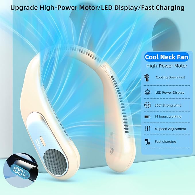 Portable Neck Fan,Personal Wearable Bladeless Fan,LED Display,4-Speeds,6000mAh USB Rechargeable,360° Strong Cooling Wind,Hands Free,White Elephant Gift,Christmas Gifts for Men Women Dad Mom (Brown)