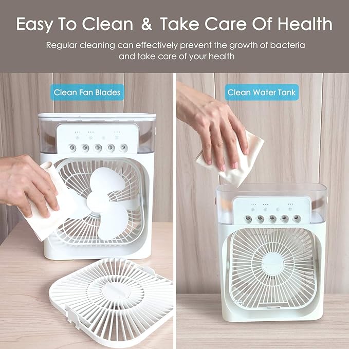 NTMY Portable Air Conditioner Fan, Mini Evaporative Air Cooler with 7 Colors LED Light, 1/2/3 H Timer, 3 Wind Speeds and 3 Spray Modes for Your Desk, Nightstand, or Coffee Table