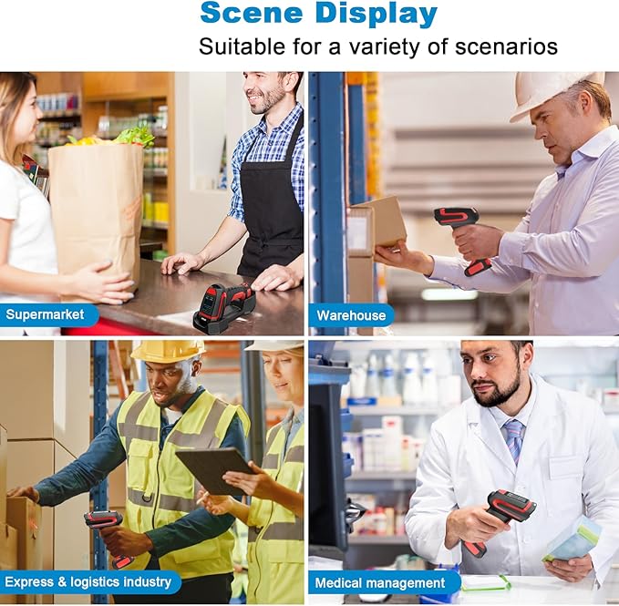 Symcode 2D Industrial Barcode Scanner with Charging Stand and Screen, 433Mhz 2-in-1 Bluetooth Wireless Hands-Free Barcode Reader Rugged Heavy Duty 2000 Feet Transmission Distance for Large Warehouse.