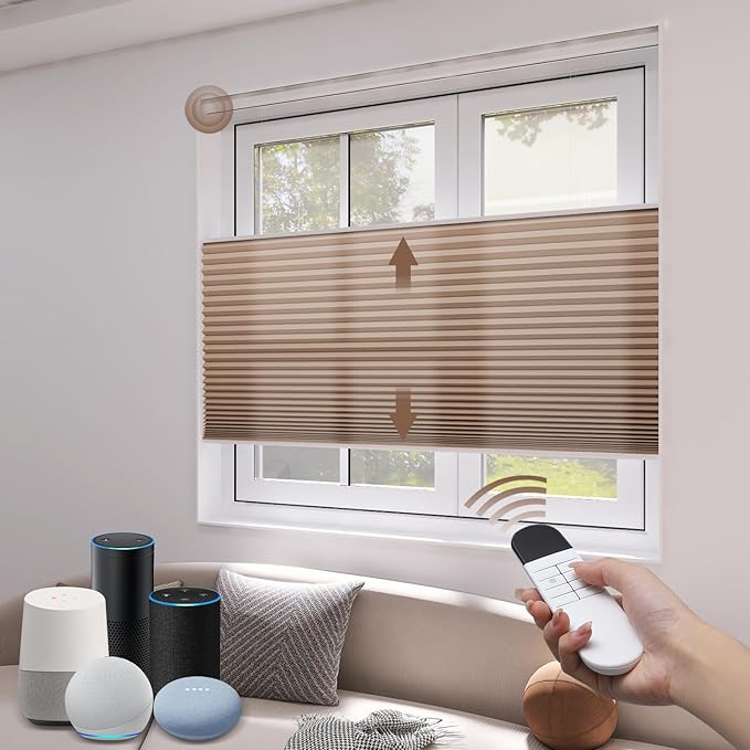 LEXEN Smart Top Down Bottom Up Honeycomb Shades - WiFi Enabled Motorized Cellular Blinds Compatible with Alexa/Google Home Double Cellular Fabric Light Filtering Insulated Custom Sizes-Brown