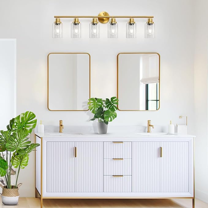 Guliaofo 6-Light E26 Gold Bathroom Vanity Lights, Modern Bathroom Light Fixtures with Clear Glass Shade, Wall Lamps for Mirror Hallway Kitchen Cabinet Living Room Sconces Lights