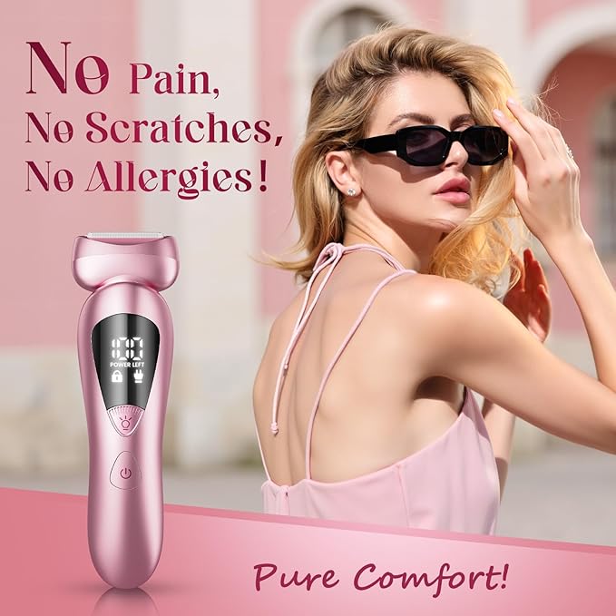 rategist Cordless Electric Razors for Women: Rechargeable Painless Bikini Trimmer for Body Hair - IPX7 Waterproof Shaver with LED Display for Face/Underarm/Leg Light Pink