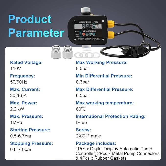 OELFFOW Smart Pump Controller with 2 Metal Pump Connector, BSPP G1 Threaded Interface, 2 Modes Digital Display, Adjustable Pressure, High Power, for Home, Garden, Industrial Use