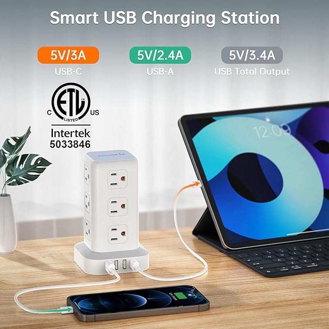 PD 20W USB C Surge Protector, Mini Power Strip Tower Travel 12 AC 4 USB Power Strip with USB Ports 6.5FT Overload Protection for Home Office