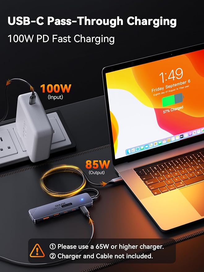 QUUGE USB C Hub 10Gbps, 6-in-1 Aluminum Multiport Adapter for Laptops, 4K@60Hz USB C to HDMI Adapter with 100W PD, 2 USB-A & C 3.2 Data Ports, 30cm Nylon Cable for MacBook Air/Pro, iPad, Thinkpad, XPS