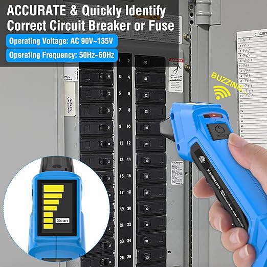 INSTRODOTS Circuit Breaker Finder Tool with Accessories, 90-135V AC Digital Breaker Finder with Integrated GFCI Outlet Tester, Circuit Tracer with Buzzer Alarm & Color Display, Includes Carrying Case