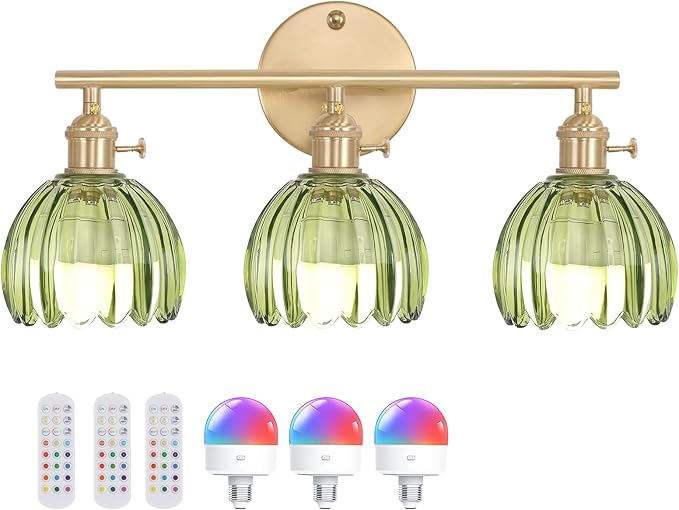 Shenmoyl Battery Operated Bathroom Light Fixtures, 3-Light Brass Vanity Wall Light with 5000mAh Rechargeable Bulb Over Mirror with Green Tulip Glass Shade for Bedroom Living Room