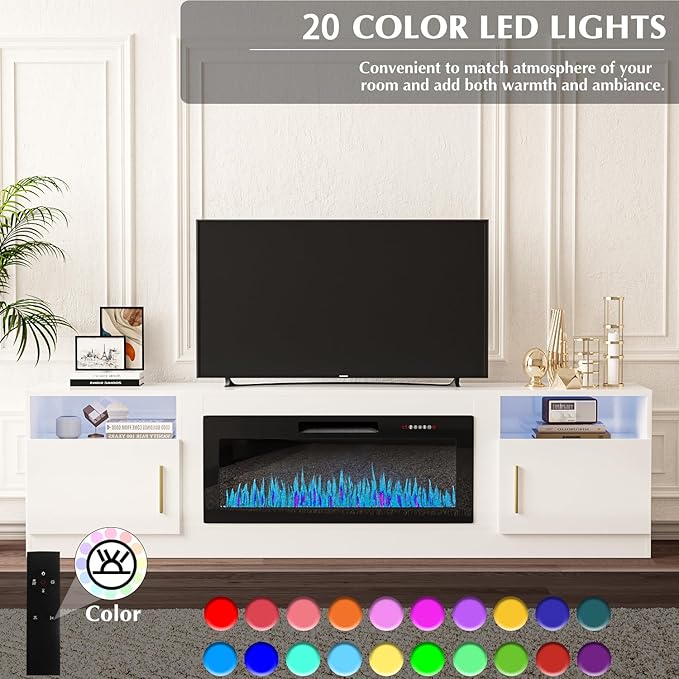 VITESSE TV Stand with 36" inch Electric Fireplace Up to 90" TVs, LED Light Entertainment Center, 80" Modern Wood High Gloss Fireplace with Highlight Storage Cabinet for Living Room (White)