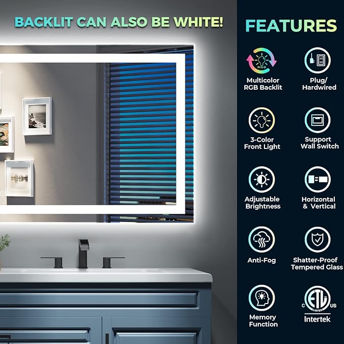 YEELAIT 55x36 Inch RGB LED Bathroom Mirror Front Light and RGB Backlit Lighted Vanity Mirror for Bathroom Wall Mounted Dimmable Anti Fog Memory Shatter-Proof IP54 Waterproof Horizontal/Vertical