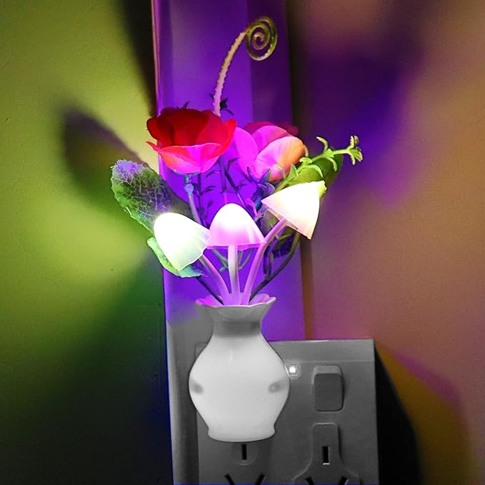 AUSAYE 3Pack Sensor Night Light Plug in Rose Flower Light, Energy Saving Lamp Dream Nightlight Mushroom Night Lights for Kids Adults Bedroom,Bathroom,Living Room,Kitchen,Hallway