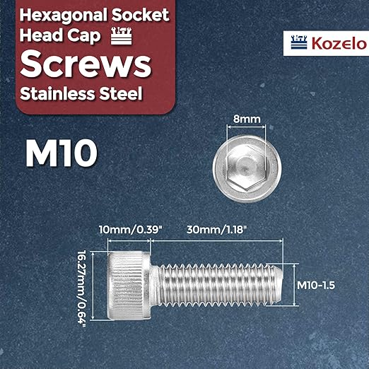 Kozelo 6pcs Socket Head Cap Screws - [M10-1.5 x 30mm] 304 Stainless Steel Allen Socket Drive for Electrical Motor 3D Printing Fan Engine Replacement Use, Silver
