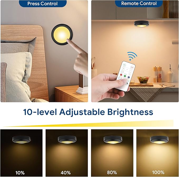 Yiliaw 12 Pack LED Puck Lights Remote Control 16 Color Changeable Under Cabinet Lights, Battery Operated Lights Night Light with Dimmer & Timmer for Closet Bedroom Kitchen, Black