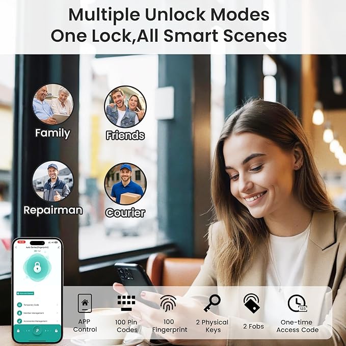 Keyless Entry Door Lock, Fingerprint Door Lock, Smart Door Lock with Keypad, Auto & One Touch Lock | Smart Locks for Front Door | Easy Installation | IP54 Waterproof | App Control | 12-Month Battery