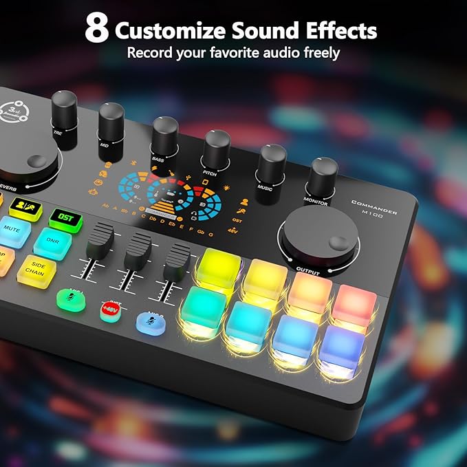 Podcast Equipment Bundle for 2, Audio Interface DJ Mixer with 48V XLR Condenser Microphone, RGB,Voice Change, for Streaming, Podcast Recording,Tiktok,PC, Smartphone COMMANDER M100 3rd