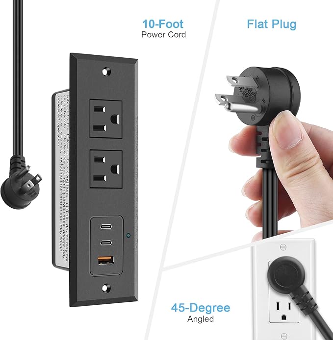 CCCEI Recessed Power Strip with Two USB-C Ports, Fast Charging USB A Port Desk Outlet, Black Furniture Hidden Charging Station for Side Table, End Table, with 10 FT 45 Degree Flat Plug Extension Cord.