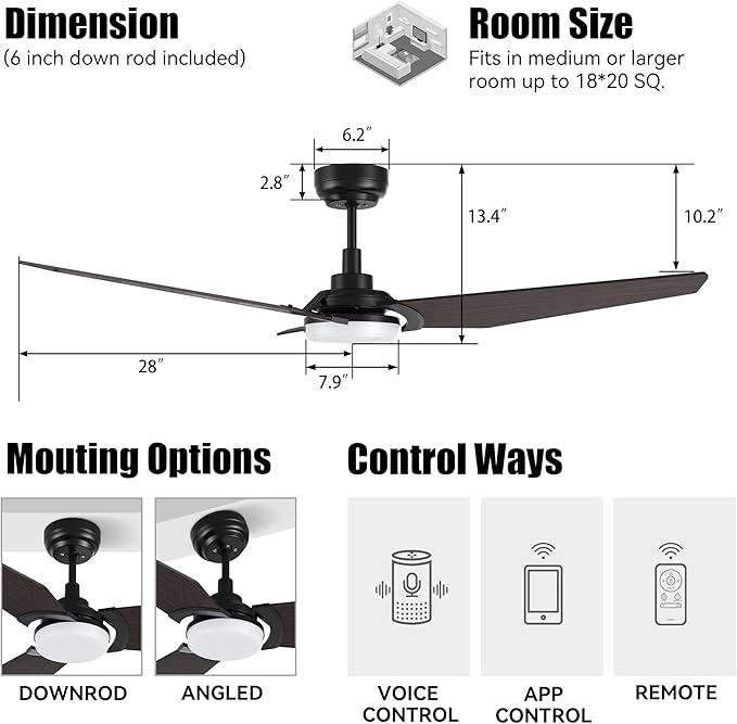 SMAAIR 56 Inch Smart Ceiling Fan with Light, 3 Blade Low Profile Ceiling Fan with Light and 10 Speed DC Motor, works with APP/Alexa/Google Assistant/Siri Shortcuts (Dark Walnut Wood)
