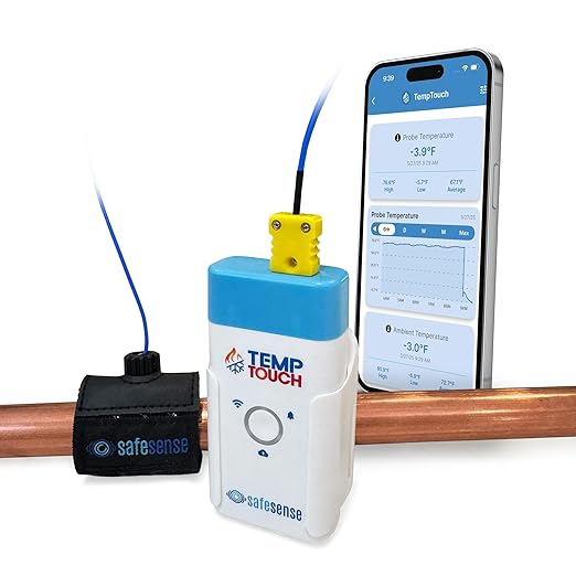 SafeSense TempTouch WiFi Pipe Clamp Temperature & Humidity Sensor – Smart Thermometer for Plumbing, HVAC, Ambient Monitoring – App-Controlled Wireless Temp Sensor with Velcro Pipe Strap