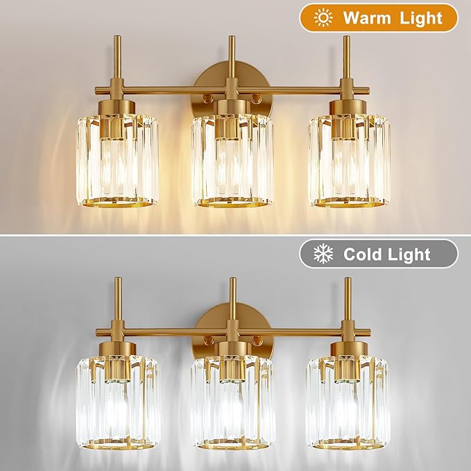 EJIAXIN Bathroom Lighting Fixtures, 3 Light Gold Bathroom Light Fixtures with Clear Shades Modern Crystal Vanity Light Bath Room Vanity Lighting Over Mirror Wall Light