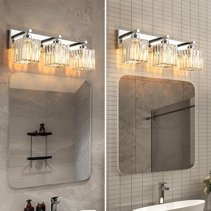 FDPBY Modern Bathroom Vanity Light 3-Lights Chrome Crystal Bathroom Wall Light Vanity Light Fixtures，20.47-inch Modern Minimalist Design
