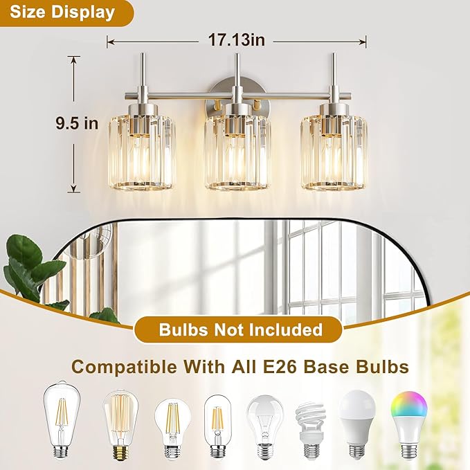 EJIAXIN 3 Light Crystal Bathroom Light Fixtures, Brushed Nickel Vanity Mirror Lights, Crystal Bath Vintage Wall Mounted Lamps Wall Light Fixtures for Bathroom, Living Room