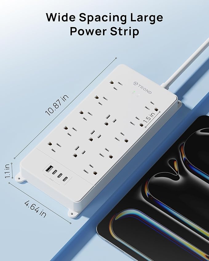 TROND 360° Rotating Flat Plug, Surge Protector Power Strip, 13AC Widely Spaced Outlets Expansion with 3 USB C Ports, 4000J, 10ft Extension Cord Heavy Duty, Wall Mount, Under Desk, ETL Listed, White