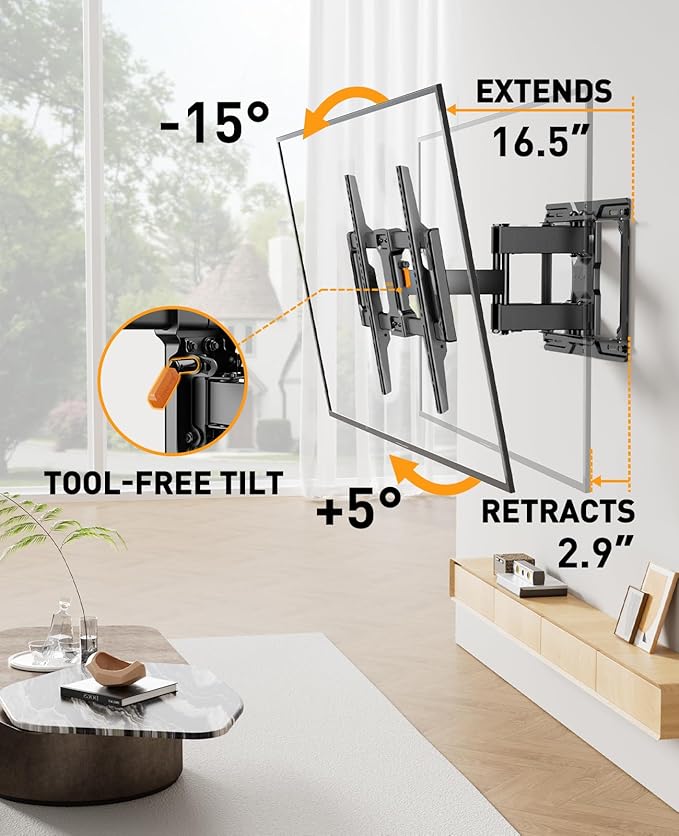 Perlegear Full Motion TV Wall Mount for Most 42–86 inch Flat Curved TVs up to 132 lbs, 12″/16″ Wood Studs, Bracket with Articulating Arms, Swivel, Tool-Free Tilt, Max VESA 600x400mm PGLF12