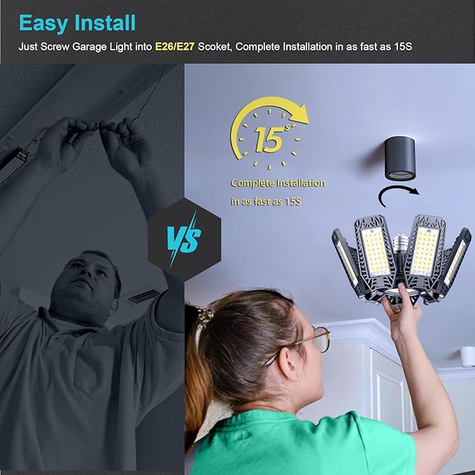 CHENGCHILIT LED Garage Light 8 Pack - 200w 20000LM 6500K Garage Lights Ceiling LED with 7+1 Adjustable Panels, Shop Lights Screw in E26 E27 Bulb Socket for Workshop, Storage Room, Basement, Warehouse