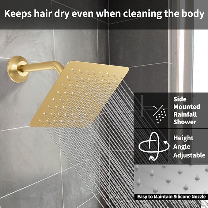 KATAIS Tempreature Display Shower System Brushed Gold Shower Faucet Set with Wall Mount 8 inch Shower Head and 6 PCS Body Jet, Handheld Spray