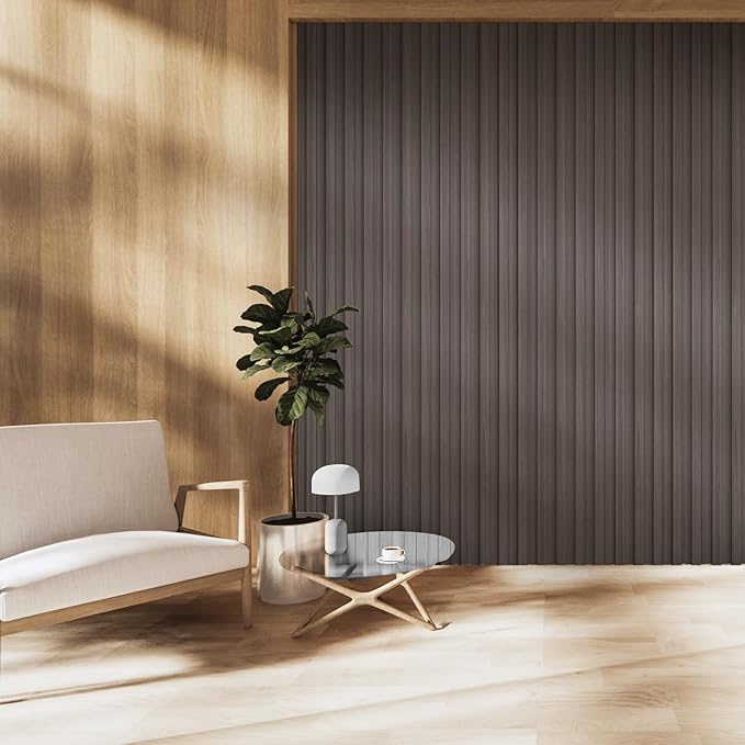 OUZUGIE WPC Acoustic Slat Wall Paneling, 8-Pack 96 x 6 Inches 3D Wall Panels for Interior Wall Decor,Living Room,TV Background,Study Room,Office Spaces,Bedroom,High Grille (Walnut)