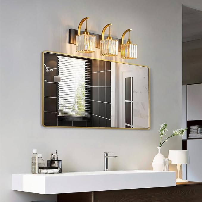 FDPBY Crystal Vanity Lights 3-Light Black Gold Bathroom Vanity Lights Modern Crystal Bathroom Light Fixtures Over Mirror 23.62" Long Vanity Light for Bathroom