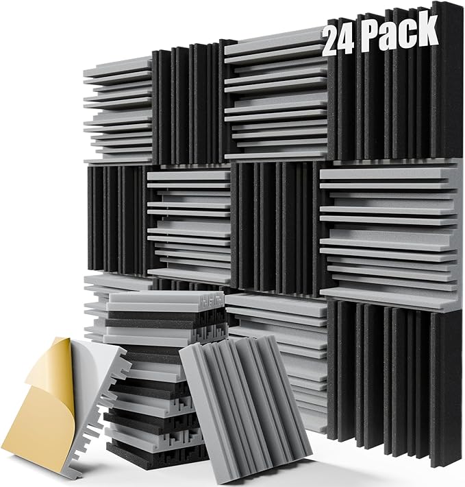 ZELMINE Upgrade 24 pack Self-adhesive Sound Proof Foam Panels,12" X 12" X 2" Acoustic Panels with High Density,Decorative Soundproof Wall Panels Sound Absorbing Foam for Wall and Ceiling(Black+Gray)
