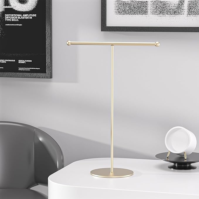 Justsoso Metal T-Bar Necklace Holder Stand, Necklace Hanging Display Stand, Tabletop Jewelry Organizer Stand for Necklace Bracelet Earring Display (Gold With Metal Base)