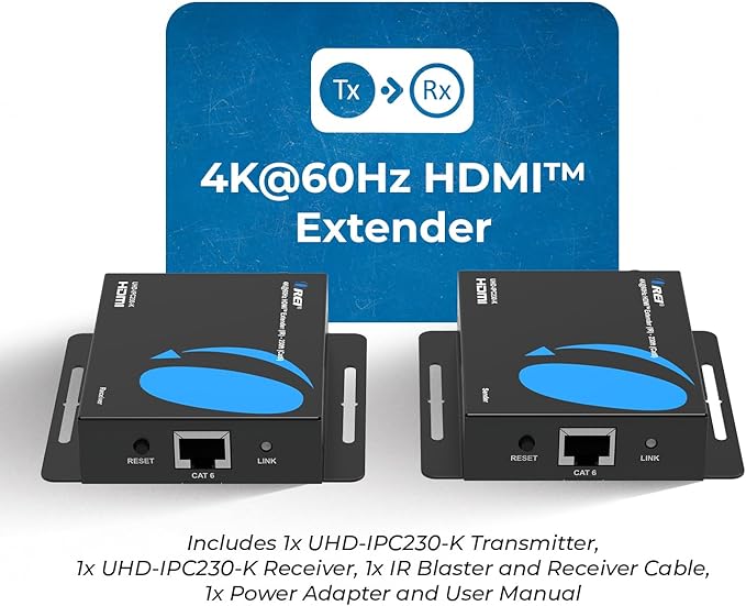 OREI HDMI Over Ethernet Extender via CAT6/7-4K@60Hz Up to 230 ft – HDMI 2.0 & HDCP 2.2 Compliant - 18Gbps Video Bandwidth with HDR 10 – Power Over Cable - 1 Year Warranty (UHD-IPC230-K)